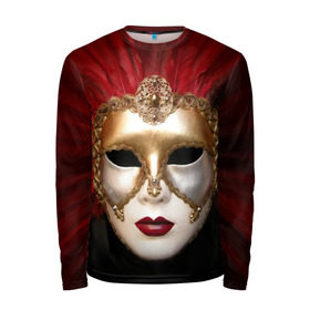 Мужской лонгслив 3D с принтом Венецианская маска в Тюмени, 100% полиэстер | длинные рукава, круглый вырез горловины, полуприлегающий силуэт | Тематика изображения на принте: венеция | италия | карнавал | красный | лицо | перья