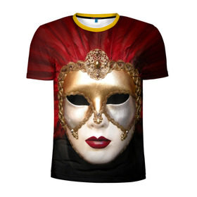 Мужская футболка 3D спортивная с принтом Венецианская маска в Тюмени, 100% полиэстер с улучшенными характеристиками | приталенный силуэт, круглая горловина, широкие плечи, сужается к линии бедра | венеция | италия | карнавал | красный | лицо | перья