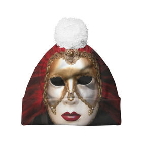 Шапка 3D c помпоном с принтом Венецианская маска в Тюмени, 100% полиэстер | универсальный размер, печать по всей поверхности изделия | венеция | италия | карнавал | красный | лицо | перья