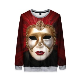 Женский свитшот 3D с принтом Венецианская маска в Тюмени, 100% полиэстер с мягким внутренним слоем | круглый вырез горловины, мягкая резинка на манжетах и поясе, свободная посадка по фигуре | венеция | италия | карнавал | красный | лицо | перья