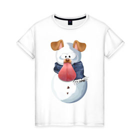 Женская футболка хлопок с принтом Снеговик снэпчат 2 в Тюмени, 100% хлопок | прямой крой, круглый вырез горловины, длина до линии бедер, слегка спущенное плечо | snapchat | радуга | снеговик | снэпчат | уши | фильтр | язык