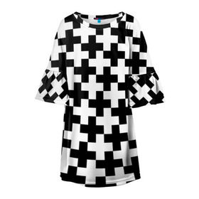 Детское платье 3D с принтом Крест в Тюмени, 100% полиэстер | прямой силуэт, чуть расширенный к низу. Круглая горловина, на рукавах — воланы | cross | крест | оптическая иллюзия | орнамент | узор | чёрно белый