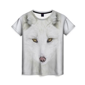 Женская футболка 3D с принтом Полярная лиса в Тюмени, 100% полиэфир ( синтетическое хлопкоподобное полотно) | прямой крой, круглый вырез горловины, длина до линии бедер | animal | polar fox | predator | sly | white | wild | белая | дикая | животное | лиса | полярная | хитрая | хищник