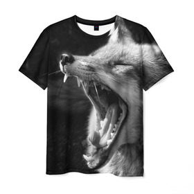 Мужская футболка 3D с принтом Лиса в Тюмени, 100% полиэфир | прямой крой, круглый вырез горловины, длина до линии бедер | animal | bw | fox | jaws | predator | sly | teeth | wild | yawn | дикая | животное | зевает | зубы | лиса | пасть | хитрая | хищник | чб