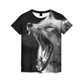 Женская футболка 3D с принтом Лиса в Тюмени, 100% полиэфир ( синтетическое хлопкоподобное полотно) | прямой крой, круглый вырез горловины, длина до линии бедер | animal | bw | fox | jaws | predator | sly | teeth | wild | yawn | дикая | животное | зевает | зубы | лиса | пасть | хитрая | хищник | чб