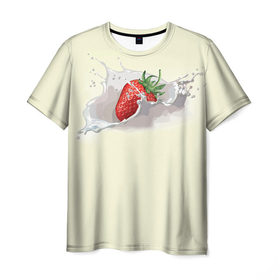 Мужская футболка 3D с принтом Клубника со сливками в Тюмени, 100% полиэфир | прямой крой, круглый вырез горловины, длина до линии бедер | Тематика изображения на принте: 