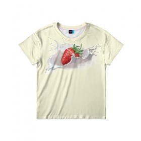 Детская футболка 3D с принтом Клубника со сливками в Тюмени, 100% гипоаллергенный полиэфир | прямой крой, круглый вырез горловины, длина до линии бедер, чуть спущенное плечо, ткань немного тянется | 