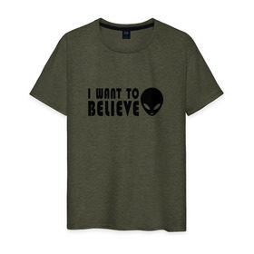 Мужская футболка хлопок с принтом I want to believe в Тюмени, 100% хлопок | прямой крой, круглый вырез горловины, длина до линии бедер, слегка спущенное плечо. | i want to believe | космос | нло | разум | секрет