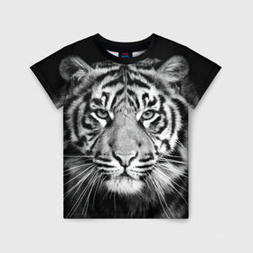 Детская футболка 3D с принтом Тигр в Тюмени, 100% гипоаллергенный полиэфир | прямой крой, круглый вырез горловины, длина до линии бедер, чуть спущенное плечо, ткань немного тянется | Тематика изображения на принте: animal | black   white | look | predator | tiger | wild | взгляд | дикий | животное | тигр | хищник | черно   белый