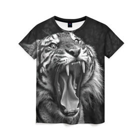Женская футболка 3D с принтом Тигр в Тюмени, 100% полиэфир ( синтетическое хлопкоподобное полотно) | прямой крой, круглый вырез горловины, длина до линии бедер | Тематика изображения на принте: animal | black   white | fangs | jaws | jungle | predator | teeth | tiger | wild | джунгли | дикий | животное | клыки | оскал | пасть | тигр | хищник | черно   белый