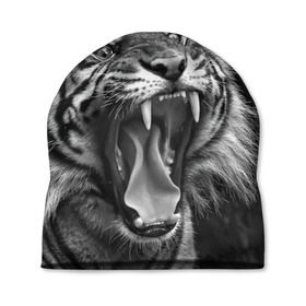 Шапка 3D с принтом Тигр в Тюмени, 100% полиэстер | универсальный размер, печать по всей поверхности изделия | animal | black   white | fangs | jaws | jungle | predator | teeth | tiger | wild | джунгли | дикий | животное | клыки | оскал | пасть | тигр | хищник | черно   белый