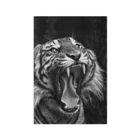 Обложка для паспорта матовая кожа с принтом Тигр в Тюмени, натуральная матовая кожа | размер 19,3 х 13,7 см; прозрачные пластиковые крепления | animal | black   white | fangs | jaws | jungle | predator | teeth | tiger | wild | джунгли | дикий | животное | клыки | оскал | пасть | тигр | хищник | черно   белый