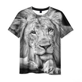 Мужская футболка 3D с принтом Лев в Тюмени, 100% полиэфир | прямой крой, круглый вырез горловины, длина до линии бедер | animal | black   white | king | lies | lion | look | predator | wild | взгляд | дикий | животное | зверь | лев | лежит | хищник | царь | черно   белый