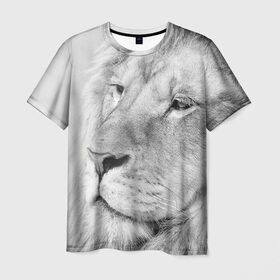 Мужская футболка 3D с принтом Лев в Тюмени, 100% полиэфир | прямой крой, круглый вырез горловины, длина до линии бедер | animal | black   white | king | lion | look | predator | wild | взгляд | дикий | животное | зверь | лев | хищник | царь | черно   белый