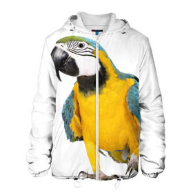Мужская куртка 3D с принтом Попугай ара в Тюмени, ткань верха — 100% полиэстер, подклад — флис | прямой крой, подол и капюшон оформлены резинкой с фиксаторами, два кармана без застежек по бокам, один большой потайной карман на груди. Карман на груди застегивается на липучку | Тематика изображения на принте: желтый | птица | синий | экзотика