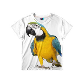 Детская футболка 3D с принтом Попугай ара в Тюмени, 100% гипоаллергенный полиэфир | прямой крой, круглый вырез горловины, длина до линии бедер, чуть спущенное плечо, ткань немного тянется | желтый | птица | синий | экзотика