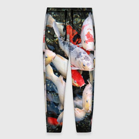 Мужские брюки 3D с принтом Koi Fish (карпы кои) в Тюмени, 100% полиэстер | манжеты по низу, эластичный пояс регулируется шнурком, по бокам два кармана без застежек, внутренняя часть кармана из мелкой сетки | bright | brocade | carp | color | decorative | depth | exotic | fish | koi | koi fish | sea | water | вода | глубина | декоративные | карпы | кои | море | парчовый | рыбки | цвет | экзотические | яркий