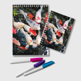 Блокнот с принтом Koi Fish (карпы кои) в Тюмени, 100% бумага | 48 листов, плотность листов — 60 г/м2, плотность картонной обложки — 250 г/м2. Листы скреплены удобной пружинной спиралью. Цвет линий — светло-серый
 | Тематика изображения на принте: bright | brocade | carp | color | decorative | depth | exotic | fish | koi | koi fish | sea | water | вода | глубина | декоративные | карпы | кои | море | парчовый | рыбки | цвет | экзотические | яркий