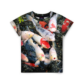 Детская футболка 3D с принтом Koi Fish (карпы кои) в Тюмени, 100% гипоаллергенный полиэфир | прямой крой, круглый вырез горловины, длина до линии бедер, чуть спущенное плечо, ткань немного тянется | Тематика изображения на принте: bright | brocade | carp | color | decorative | depth | exotic | fish | koi | koi fish | sea | water | вода | глубина | декоративные | карпы | кои | море | парчовый | рыбки | цвет | экзотические | яркий