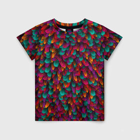 Детская футболка 3D с принтом Перья в Тюмени, 100% гипоаллергенный полиэфир | прямой крой, круглый вырез горловины, длина до линии бедер, чуть спущенное плечо, ткань немного тянется | петух | попугай | птица | разноцветный | текстура | чудо
