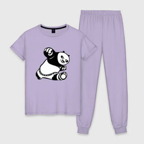 Женская пижама хлопок с принтом Панда в Тюмени, 100% хлопок | брюки и футболка прямого кроя, без карманов, на брюках мягкая резинка на поясе и по низу штанин | кунг фу | мульт | панда