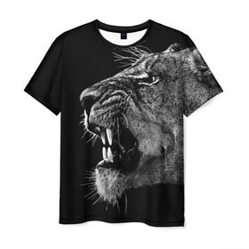 Мужская футболка 3D с принтом Львица в Тюмени, 100% полиэфир | прямой крой, круглый вырез горловины, длина до линии бедер | animal | fangs | head | lion | lioness | predator | teeth | wild | голова | дикая | животное | клыки | лев | львица | оскал | хищник