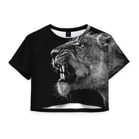 Женская футболка 3D укороченная с принтом Львица в Тюмени, 100% полиэстер | круглая горловина, длина футболки до линии талии, рукава с отворотами | animal | fangs | head | lion | lioness | predator | teeth | wild | голова | дикая | животное | клыки | лев | львица | оскал | хищник