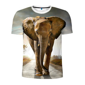 Мужская футболка 3D спортивная с принтом Слон в Тюмени, 100% полиэстер с улучшенными характеристиками | приталенный силуэт, круглая горловина, широкие плечи, сужается к линии бедра | africa | animal | big | elephant | go | road | savannah | wild | африка | большой | дикий | дорога | животное | идет | саванна | слон