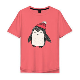 Мужская футболка хлопок Oversize с принтом Пингвин в шапке в Тюмени, 100% хлопок | свободный крой, круглый ворот, “спинка” длиннее передней части | милота