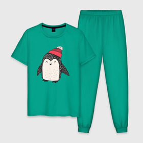 Мужская пижама хлопок с принтом Пингвин в шапке в Тюмени, 100% хлопок | брюки и футболка прямого кроя, без карманов, на брюках мягкая резинка на поясе и по низу штанин
 | милота