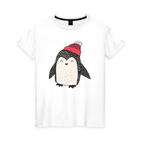 Женская футболка хлопок с принтом Пингвин в шапке в Тюмени, 100% хлопок | прямой крой, круглый вырез горловины, длина до линии бедер, слегка спущенное плечо | милота