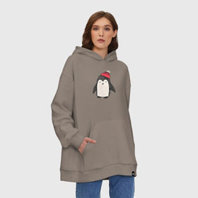 Худи SuperOversize хлопок с принтом Пингвин в шапке в Тюмени, 70% хлопок, 30% полиэстер, мягкий начес внутри | карман-кенгуру, эластичная резинка на манжетах и по нижней кромке, двухслойный капюшон
 | милота