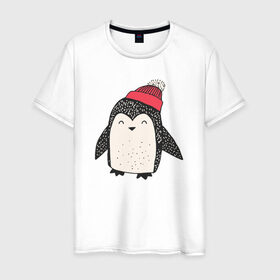 Мужская футболка хлопок с принтом Пингвин в шапке в Тюмени, 100% хлопок | прямой крой, круглый вырез горловины, длина до линии бедер, слегка спущенное плечо. | милота