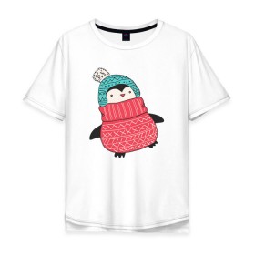 Мужская футболка хлопок Oversize с принтом Пингвин в шапке в Тюмени, 100% хлопок | свободный крой, круглый ворот, “спинка” длиннее передней части | 