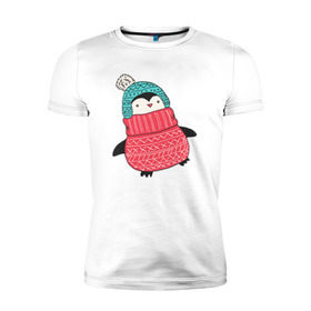 Мужская футболка премиум с принтом Пингвин в шапке в Тюмени, 92% хлопок, 8% лайкра | приталенный силуэт, круглый вырез ворота, длина до линии бедра, короткий рукав | 