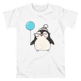 Мужская футболка хлопок с принтом Пингвин с шариком в Тюмени, 100% хлопок | прямой крой, круглый вырез горловины, длина до линии бедер, слегка спущенное плечо. | 