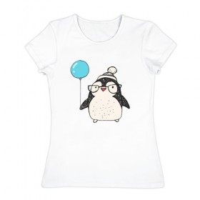 Женская футболка хлопок с принтом Пингвин с шариком в Тюмени, 100% хлопок | прямой крой, круглый вырез горловины, длина до линии бедер, слегка спущенное плечо | Тематика изображения на принте: 