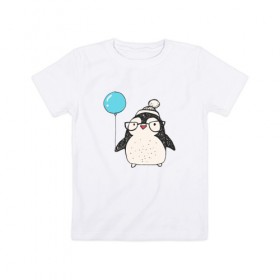Детская футболка хлопок с принтом Пингвин с шариком в Тюмени, 100% хлопок | круглый вырез горловины, полуприлегающий силуэт, длина до линии бедер | 