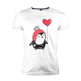 Мужская футболка премиум с принтом Пингвин с шариком в Тюмени, 92% хлопок, 8% лайкра | приталенный силуэт, круглый вырез ворота, длина до линии бедра, короткий рукав | Тематика изображения на принте: милота