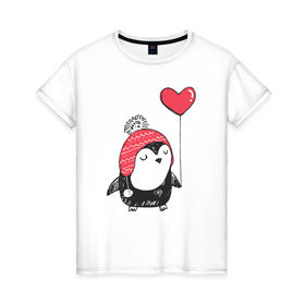 Женская футболка хлопок с принтом Пингвин с шариком в Тюмени, 100% хлопок | прямой крой, круглый вырез горловины, длина до линии бедер, слегка спущенное плечо | милота