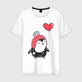 Мужская футболка хлопок с принтом Пингвин с шариком в Тюмени, 100% хлопок | прямой крой, круглый вырез горловины, длина до линии бедер, слегка спущенное плечо. | милота