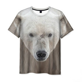 Мужская футболка 3D с принтом Белый медведь в Тюмени, 100% полиэфир | прямой крой, круглый вырез горловины, длина до линии бедер | animal | bear | eyes | head | north | polar | predator | white | wild | белый | взгляд | голова | дикий | животное | медведь | полярный | север | хищник