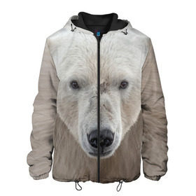 Мужская куртка 3D с принтом Белый медведь в Тюмени, ткань верха — 100% полиэстер, подклад — флис | прямой крой, подол и капюшон оформлены резинкой с фиксаторами, два кармана без застежек по бокам, один большой потайной карман на груди. Карман на груди застегивается на липучку | Тематика изображения на принте: animal | bear | eyes | head | north | polar | predator | white | wild | белый | взгляд | голова | дикий | животное | медведь | полярный | север | хищник
