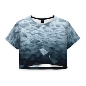 Женская футболка 3D укороченная с принтом Электрические скаты в Тюмени, 100% полиэстер | круглая горловина, длина футболки до линии талии, рукава с отворотами | depth | fish | lot | ocean | power | rays | school | sea | water | вода | глубина | косяк | много | море | океан | рыбы | скаты | электрические