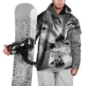 Накидка на куртку 3D с принтом Волчья семья в Тюмени, 100% полиэстер |  | animals | black   white | family | love | predators | wild | wolves | волки | дикие | животные | любовь | семья | хищники | черно   белый