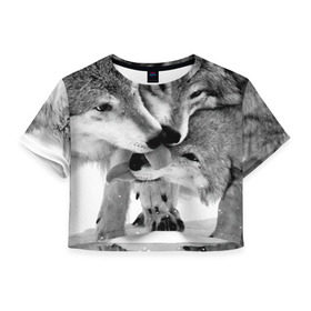 Женская футболка 3D укороченная с принтом Волчья семья в Тюмени, 100% полиэстер | круглая горловина, длина футболки до линии талии, рукава с отворотами | animals | black   white | family | love | predators | wild | wolves | волки | дикие | животные | любовь | семья | хищники | черно   белый