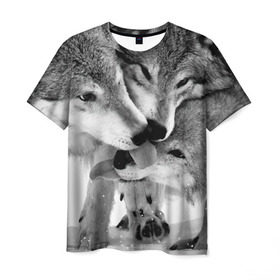 Мужская футболка 3D с принтом Волчья семья в Тюмени, 100% полиэфир | прямой крой, круглый вырез горловины, длина до линии бедер | animals | black   white | family | love | predators | wild | wolves | волки | дикие | животные | любовь | семья | хищники | черно   белый