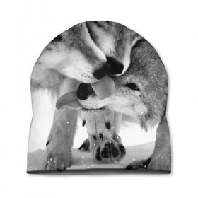 Шапка 3D с принтом Волчья семья в Тюмени, 100% полиэстер | универсальный размер, печать по всей поверхности изделия | animals | black   white | family | love | predators | wild | wolves | волки | дикие | животные | любовь | семья | хищники | черно   белый