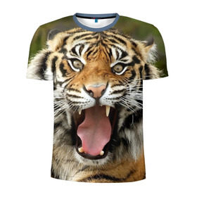Мужская футболка 3D спортивная с принтом Тигр в Тюмени, 100% полиэстер с улучшенными характеристиками | приталенный силуэт, круглая горловина, широкие плечи, сужается к линии бедра | Тематика изображения на принте: angry | animal | beast | jaws | predator | teeth | tiger | животное | зверь | злой | клыки | оскал | пасть | тигр | хищник
