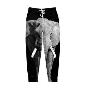 Мужские брюки 3D с принтом Слон в Тюмени, 100% полиэстер | манжеты по низу, эластичный пояс регулируется шнурком, по бокам два кармана без застежек, внутренняя часть кармана из мелкой сетки | africa | big | black   white | elephant is an animal | shroud | tusks | африка | бивни | большой | животное | идет | савана | слон | черно   белый
